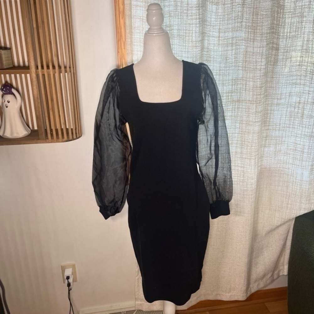 NWT House of Harlow form fitting dress black sheer puff  long sleeves size large